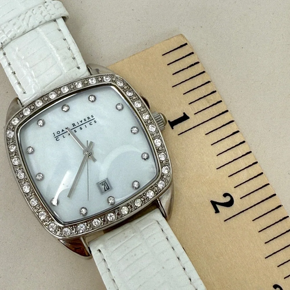 Joan Rivers Classics Watch WORKS White Leather Rhinestone Bezel‎ Date Quartz